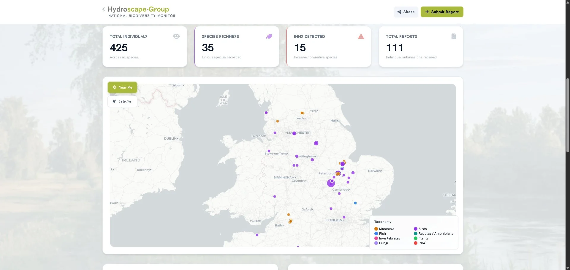 Hydroscape public dashboard showing the live national map with taxonomy-coloured species pins, water quality breakdowns by region, and composite biodiversity metrics across 111 community reports